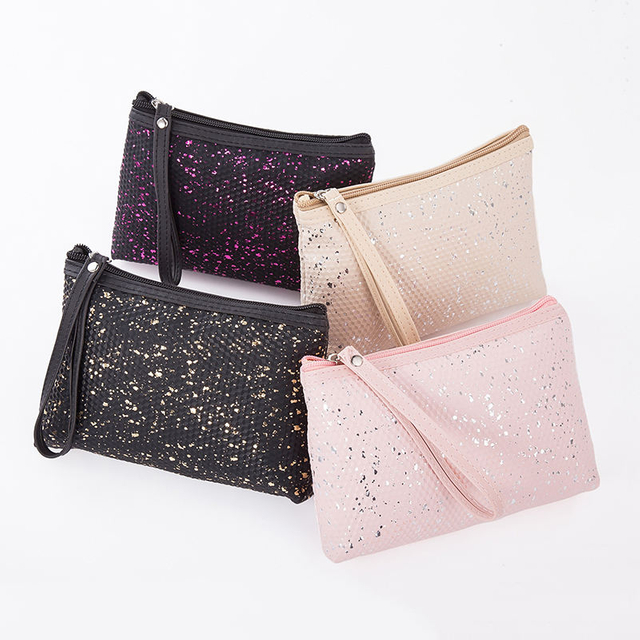 Wholesale Women Small Pouch Bag for Cosmetics Custom Logo Shine Pu Leather Make Up Cosmetic Bag Travel with Wrist Band