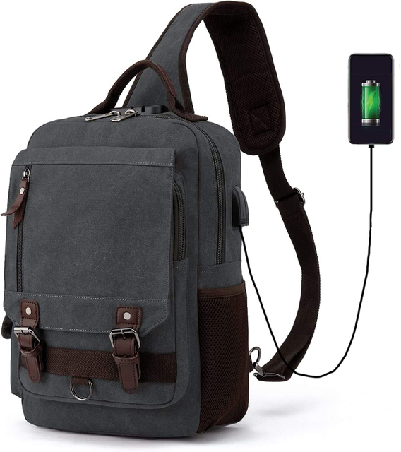 2022 New Canvas Messenger Bag Anti-theft Messenger Bag with USB Black Sling Chest Bag
