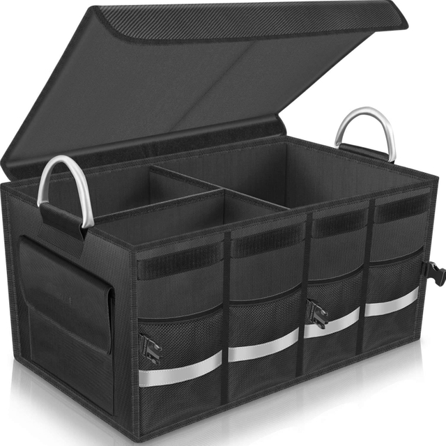 Trunk Cargo Organizer Durable Storage Collapsible Multi Compartments with Aluminium Alloy Handle Reflective Strip