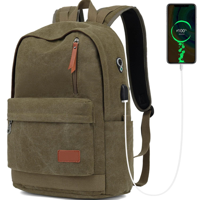 Canvas Laptop Backpack Waterproof School Backpack With USB Charging College Backpack