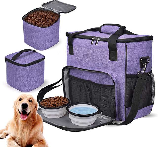 Dog Travel Food Bag Luxury Pet Packs Carrier Bag Pet Tote Dog Weekend Bag with 2 Storage Containers and Collapsible Dog Bowls