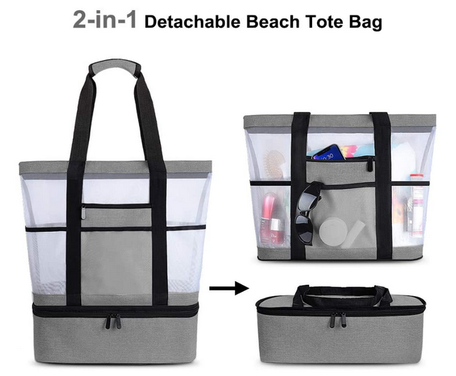 Wholesale nylon mesh beach bag, multi-function two layers picnic cooler tote bag
