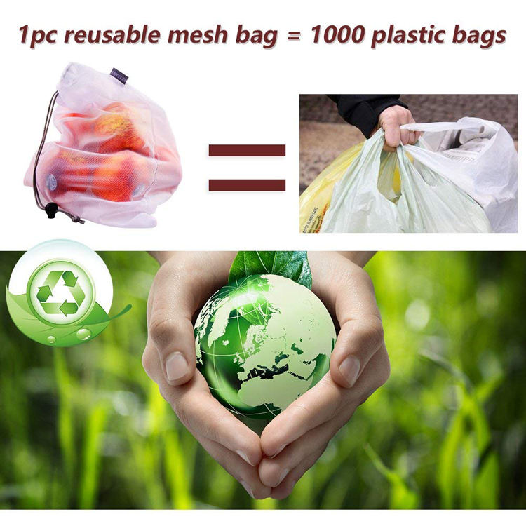 Custom 12 pcs reusable eco friendly mesh rpet vegetable drawstring produce bag