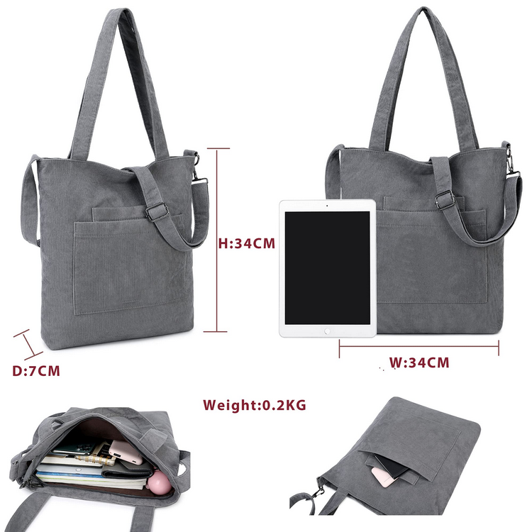 Lightweight Eco-friendly Soft Corduroy Women's Tote Bag Durable Casual Handbags for Girls Travel Shopping Work School
