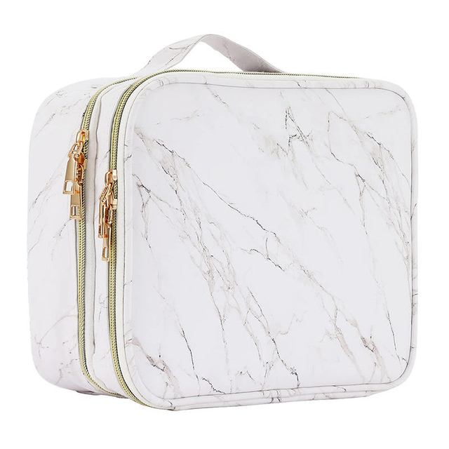 Water Resistant Portable Double Compartment Marbling PU Cosmetic Organizer Bag Travel Makeup Brush Storage Case
