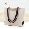 Hot Sell Linen Designer Bag Tote Large Natural Burlap Bags Eco Friendly with Leather Handle for Travel Shopping School