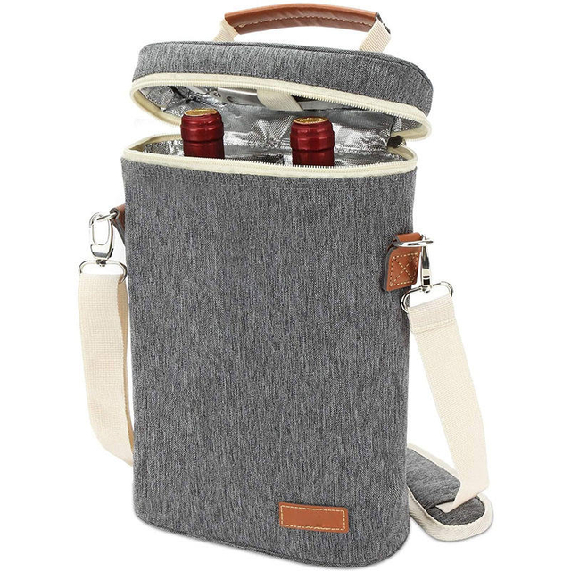 Leakproof Travel Thermal Insulated Wine Cooler Tote 2 Bottle Wine Carring Sling Cooler Bag with Adjustable Shoulder Strap