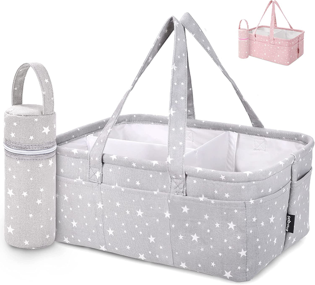 Baby Diaper Caddy Organizer Baby Shower Basket Large Nursery Storage Bin for Changing Table Car Travel Tote Bag Newborn Registry Must Have Bonus Bottle Cooler Beige