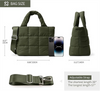 Quilted Puffer Tote Bag Nylon Zipper Winter Fashion Portable Green Color Puffy Handbag with Adjustable Straps
