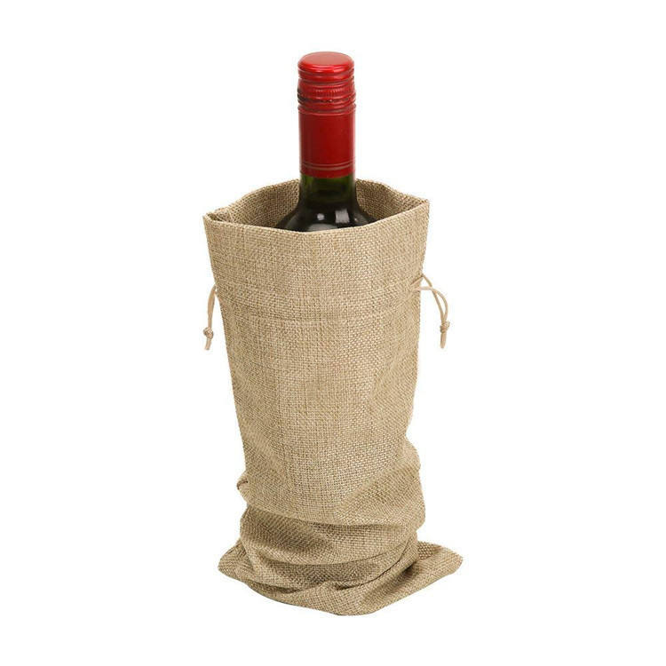 10pcs Eco-Friendly Custom Logo Drawstring Jute Wine Bag for Wine Lover Best Gift