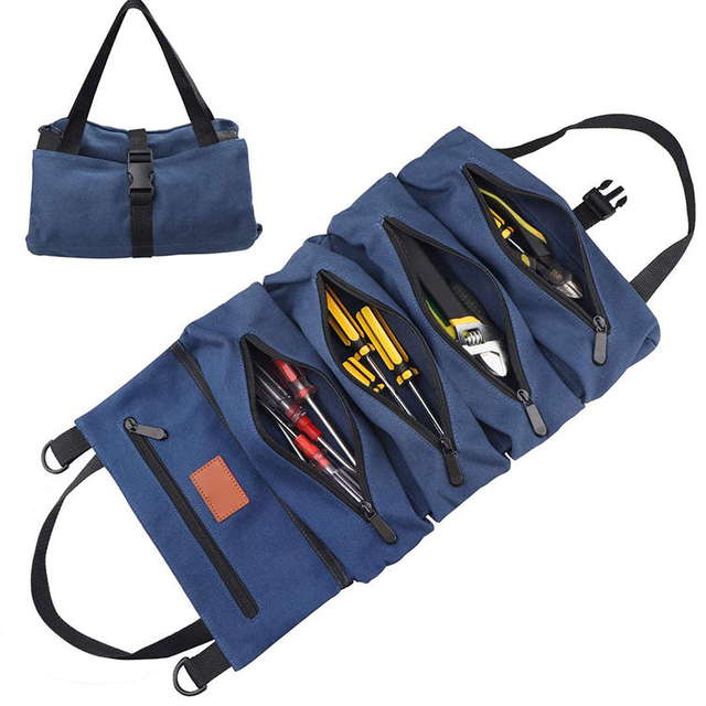 Multi Pockets Hanging Tote Wrench Tools Storage Organizer Car Wrap Heavy Duty Canvas Roll Up Tool Bag
