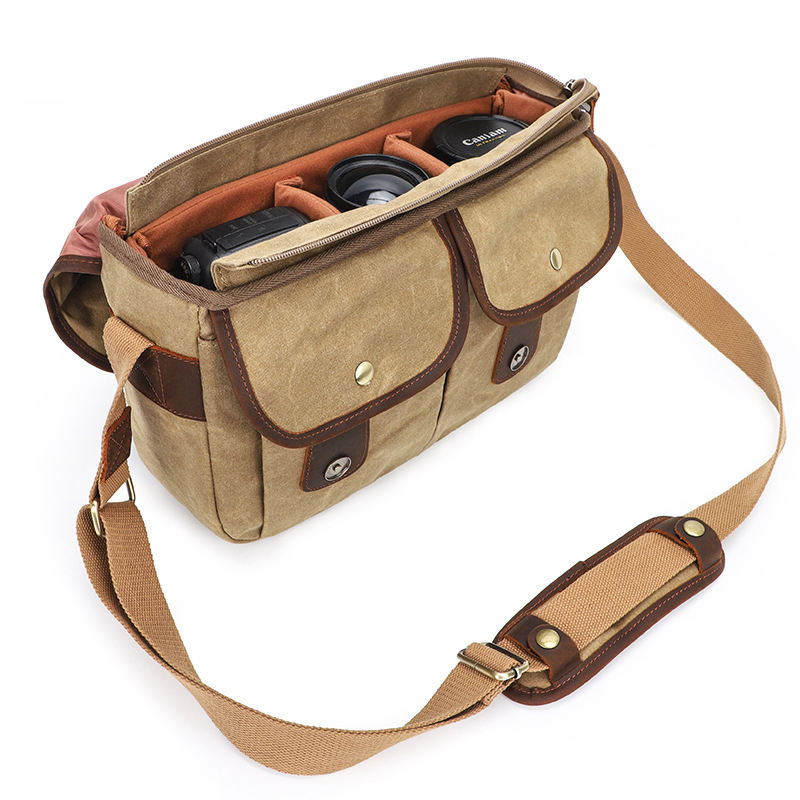 vintage wax canvas camera messenger bag with removable inserts waterproof padded large camera bag for men women