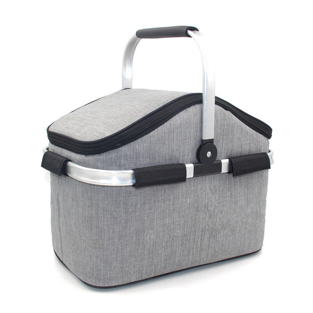 Foldable Basket Aluminum Framed Picnic Cooler Tote Bag Picnic Basket Cooler Bag with Zipper Cover