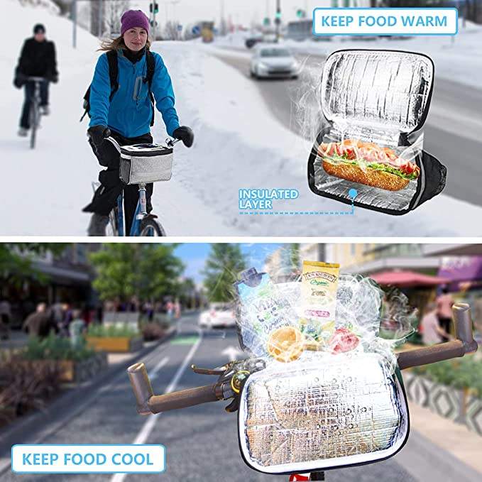 Water Resistant Bike Basket Insulated Thermal Cooler bag, Bike Handlebar Bag with Bike Phone Mount