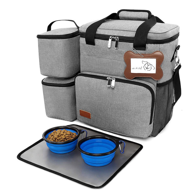 Airline approved dog food travel bag organizer for supplies with 2 dog food container, 2 bowls, and waterproof placemat