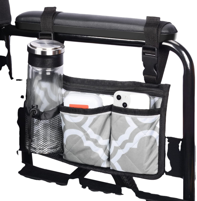 Factory Direct 600d Waterproof Walker Bag Pouch With Cup Holder Wheelchair Side Bag Hand Free Storage Bag