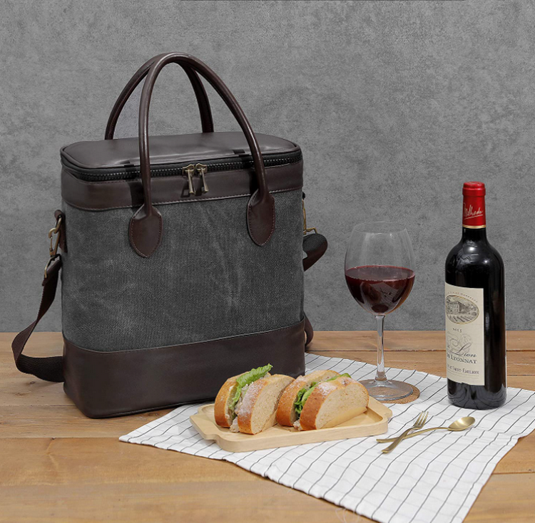 Luxury waxed canvas cooler bag with dividers portable waterproof good quality wine bottle cooler bag for women