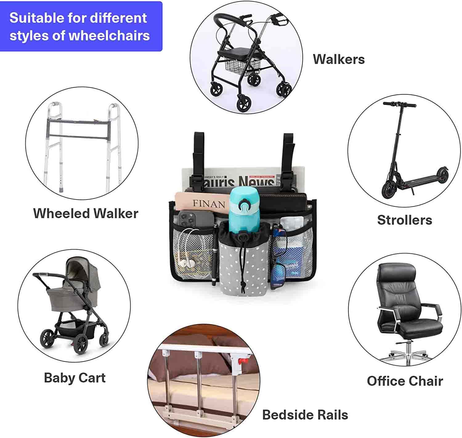 Adjustable Oxford Walker Wheelchair Pouch Storage Bag With Cup Holder For For Elderly Seniors Wholesale
