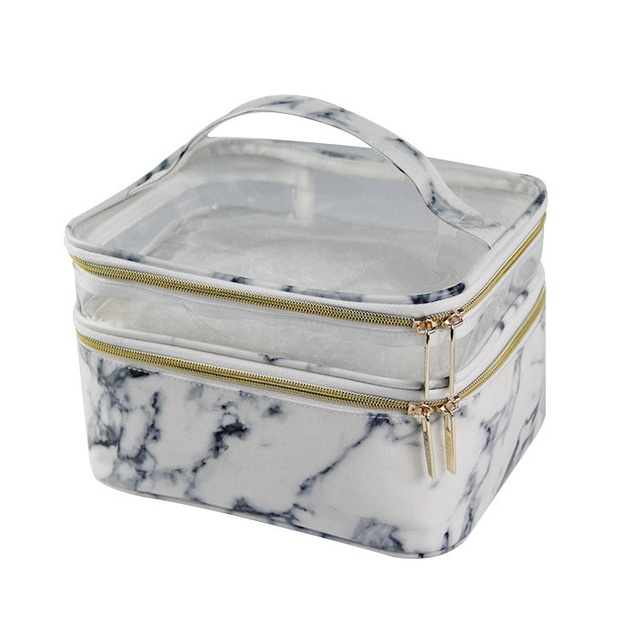 Portable Waterproof Marble Printing Clear PVC Double Deck Travel Cosmetic Makeup Organizer Bag for Women