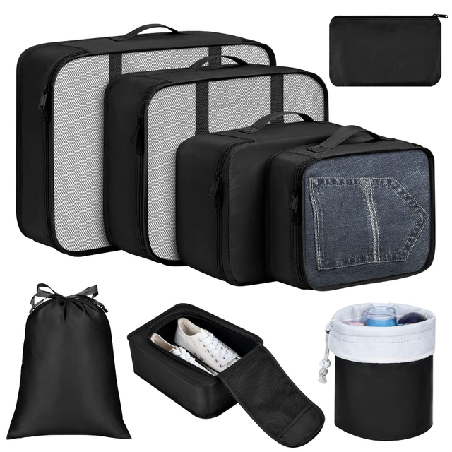 Black Lightweight Polyester 8 Pieces Set Shoe Organizer Luggage Storage Bag Packing Cubes For Travel
