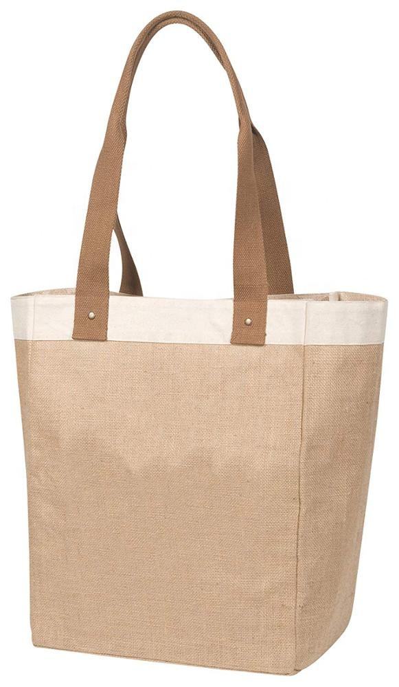 Reusable Grocery Bag Shopping Tote Cotton Jute Burlap with Leather Handle - Water Resistant Laminated Inner Lining