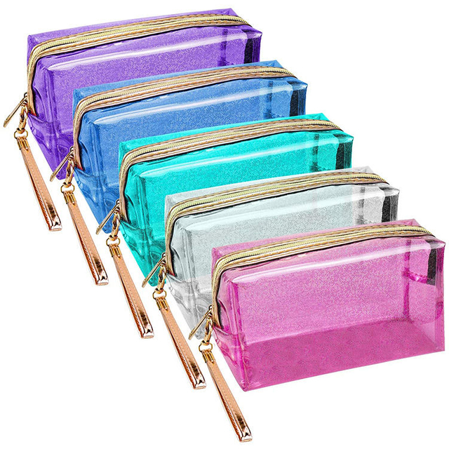 Women PVC Plastic Transparent Travel Glitter Makeup Bag Mini Pink Color Clear Cosmetic Bag with Zipper