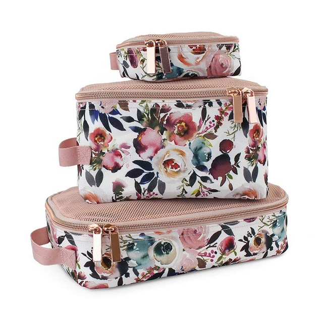 Customized Printing High Quality Travel Luggage Packing Cube Set Flower Pattern Luggage Organizer Kits Compression Packing Cubes Wholesale