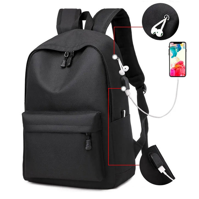 Classic Design Waterproof Laptop Backpack with Charge Port Lightweight College School Black Bookbag Outdoor Casual Daypack