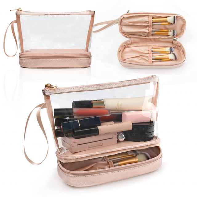 New Arrival Two Layers Makeup Brush Organizer Pouch Gift Lady Girl Fashion Golden Clear PVC Travel Cosmetic Bag Pouch