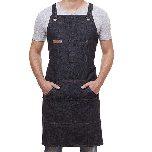 custom black denim cooking apron with pockets men women professional kitchen bib apron