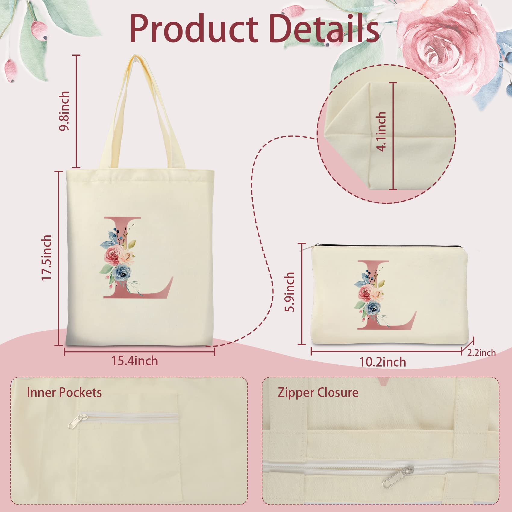 Initial Canvas Tote Bag with Zipper Wholesale Product Details