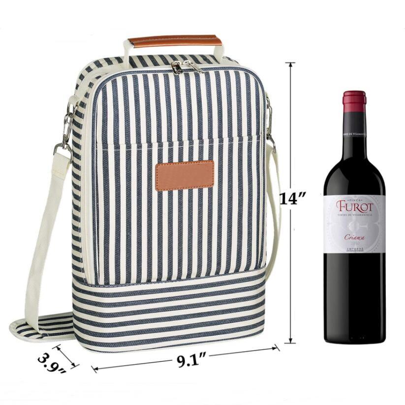 Striped padded camping travel party 2 bottle carrier wine insulated bag portable thermal bags for wine bottles
