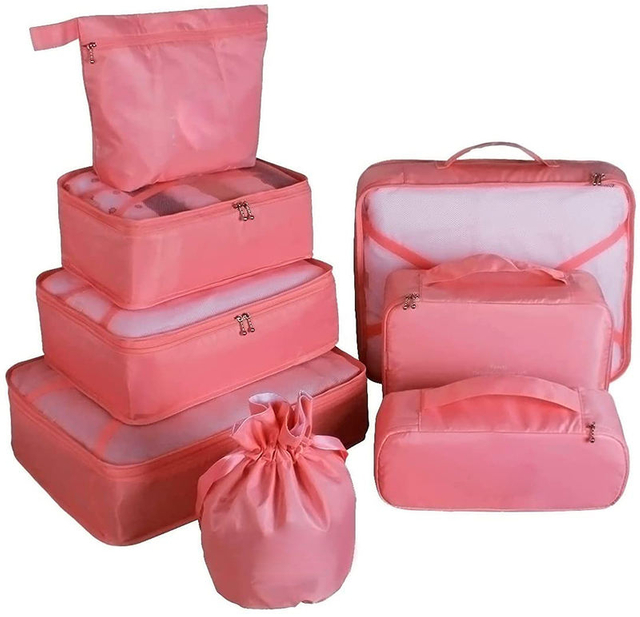 Pack of 8 Pink Packing Cubes Compression Travel Luggage Organizer Pouch Laundry Bag Travel Clothes Storage Bag Set