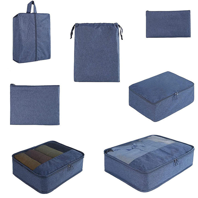 Blue Waterproof 7 Pcs Set Luggage Clothes Shoes Storage Organizer Compression Packing Cubes for Travel