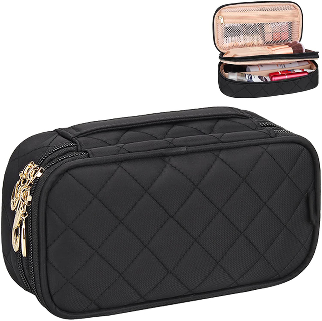 Cosmetic Bag for Women 2 Layer Travel Makeup Organizer Purse Pouch Compact Capacity for Daily Use Makeup Brush Holder