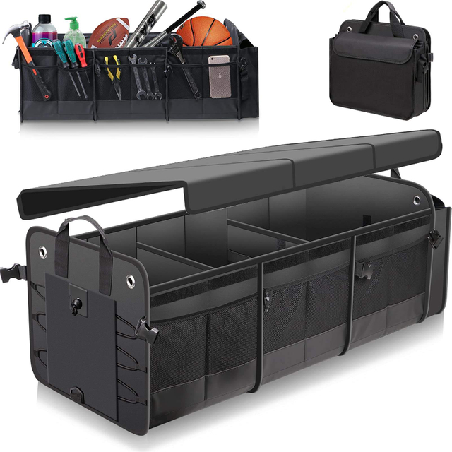 Large 3 Compartments Trunk Organizer Collapsible Durable Multi Compartments Cargo Storage Suitable for Any Car, SUV, Truck