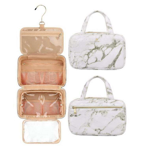 Customized Men Portable Folding Marble Leather Makeup Organizer Collapsible PU Leather Toiletry Cosmetic Bag Wome