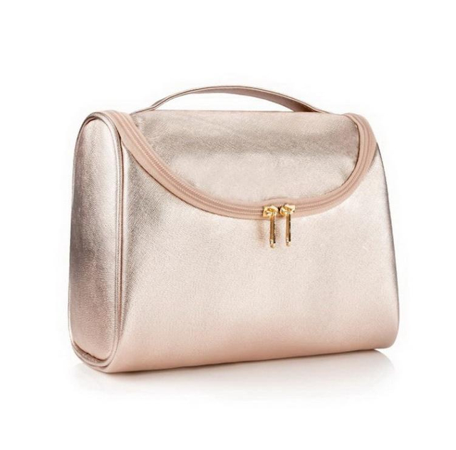 Luxury Rose Gold PU Leather Cosmetic Case Makeup Toiletry Organizer Purse Toilet Storage Wash Bag for Women Girls