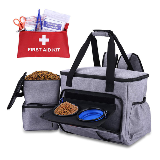 Portable Pet Dog Cat Travel Luggage Organizer Kit Food Container Bowl With First Aid Kit Pouch Bag