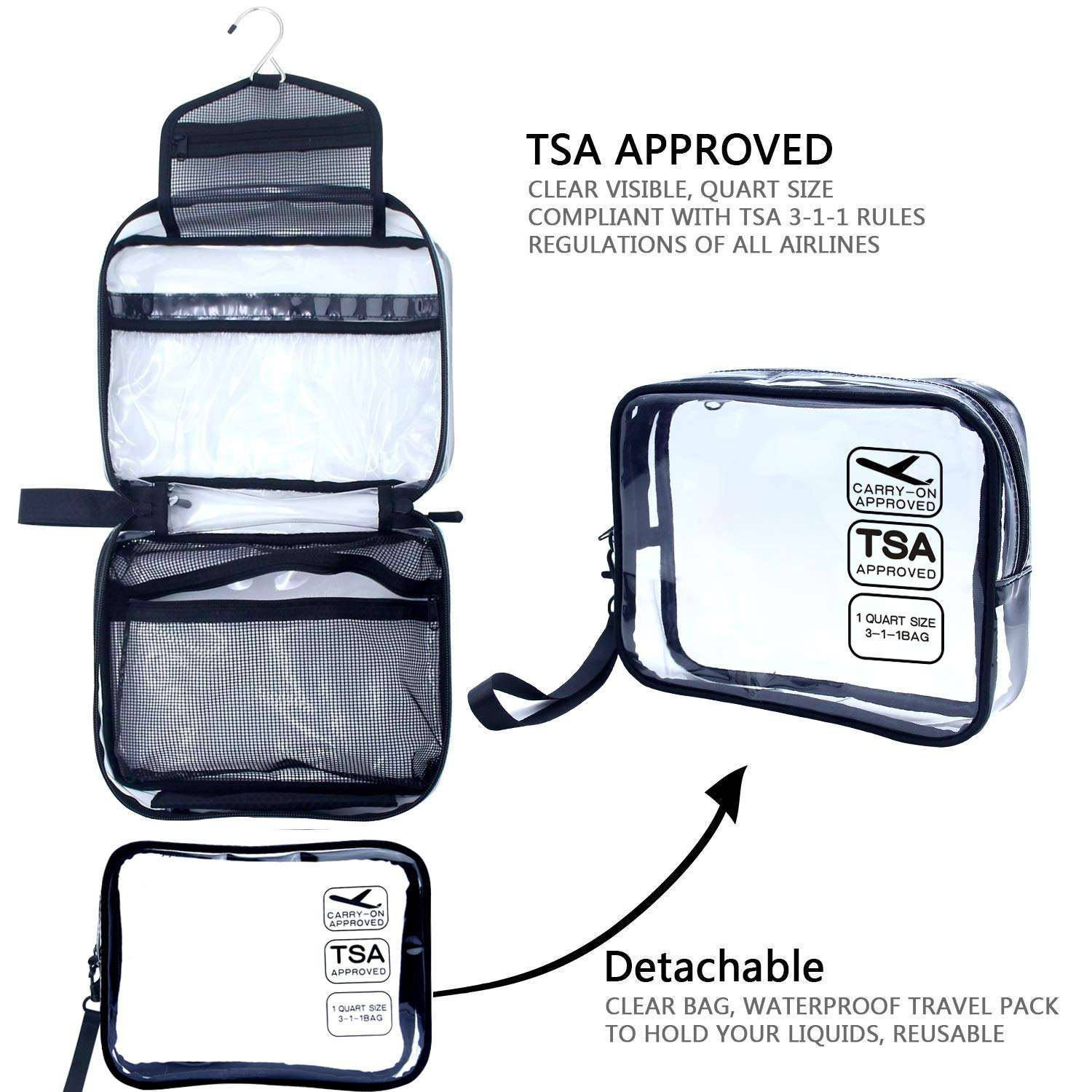 Hanging Toiletry Bag, Clear Travel Toiletry Bag with Detachable TSA Approved Small Clear Bag Airline 3-1-1 Carry On Compliant Ba