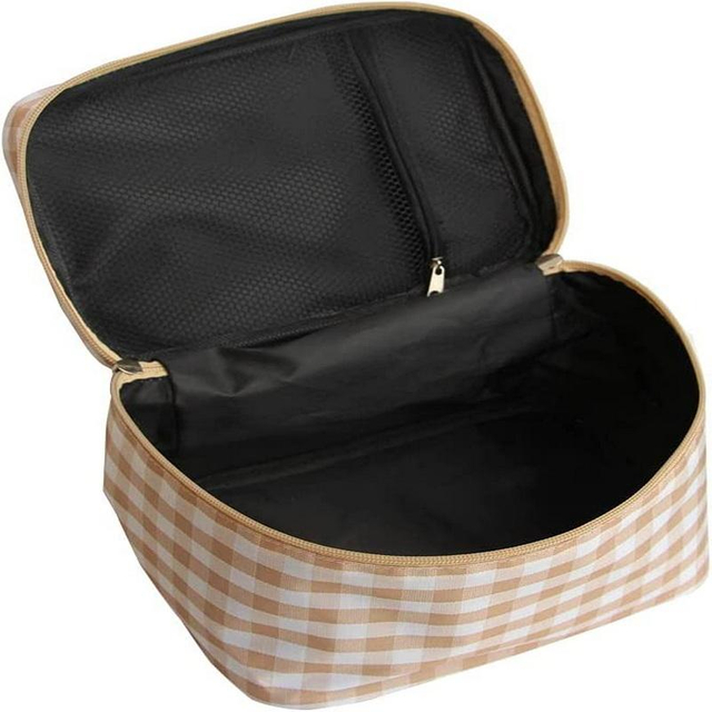 Yellow Checked Women Girls Fashionable Waterproof Makeup Storage Organizer Toiletry Bag Cosmetic Bags With Mesh Pocket