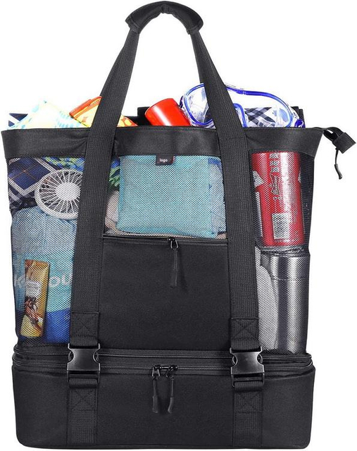 High Quality Custom Logo Leakproof Large Durable Mesh Polyester Shoulder Picnic Beach Tote Cooler Bag with Cooler Insulated