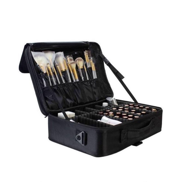 Customize Logo Portable Cosmetic Make Up Case Bag for Ladies Black Beauty Bag 3 Layers Makeup Case