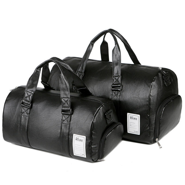 Wholesale Luxury 38L Leather Travel Duffle Bag with Shoe Pouch Waterproof Black Weekender Overnight Bag for Men Women