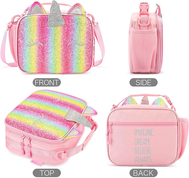 2022 Insulated Kids Lunch Bag Pink Glitter Sequin Lunch Bag for Kids Portable Bento Constant Temperature Bag