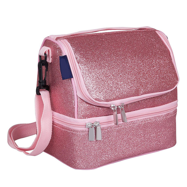 Double Deck Shiny Glitter PU Leather Children Insulated Lunch Bag Thermal Kids School Cooler Bag