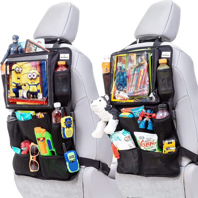 Car Seat Storage Bag Adjustable 12.9-inch Transparent Touch Screen Tablet Stand 11 Storage Pockets Kick Pad Back Seat Protector