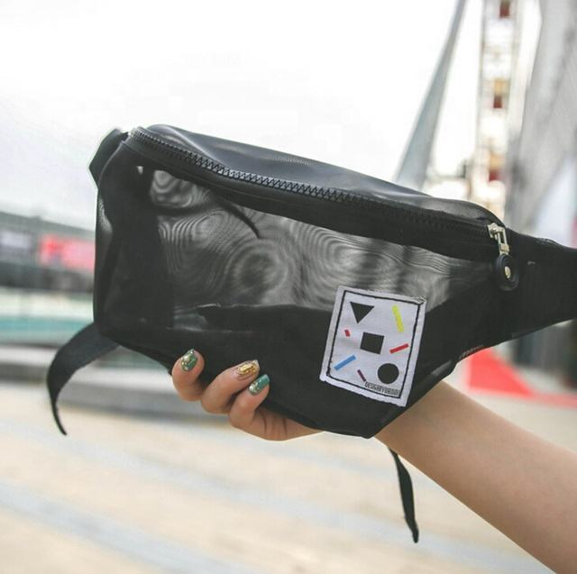 Black Polyester Mesh Waist Bag Hippack Outdoor Bum Bag Fanny Pack for Women