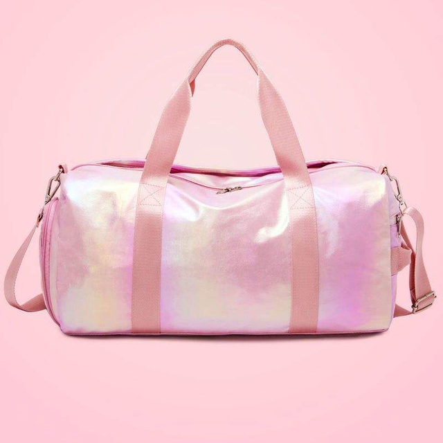 Fashionable durable custom premium foldable gym bag for women pu leather shiny sport bags for gym travel yoga bag waterproof