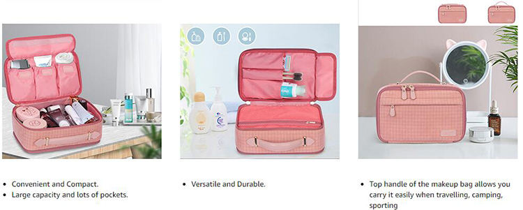 Customised Label Premium Portable Double Layer Cosmetics Makeup Bag Waterproof Travel Pink Color Toiletry Bag